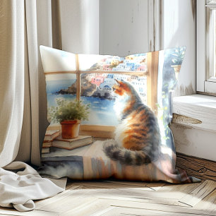 Coussin Aquarelle méditerranéenne de chat à la fenêtre