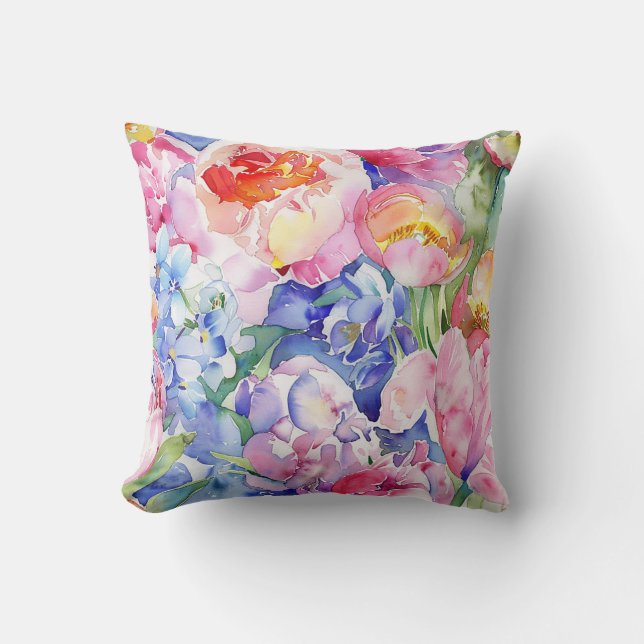 Coussin Aquarelle mélange fleur pivoine tulipe rose péntin (Recto)