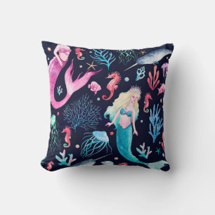 Coussin Aquarelle mer motif avec sirènes, coraux, seah