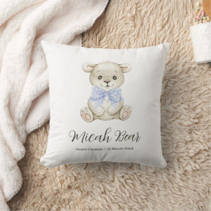 Coussin Aquarelle mignonne Bébé Ours Bleu Bow Nouveau-né C