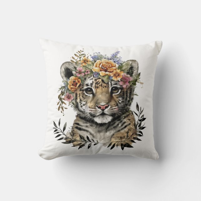 Coussin Aquarelle mignonne Floral Baby Tiger (Recto)