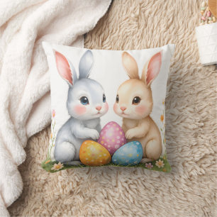 Coussin Aquarelle mignonne lapins de Pâques heureux Pâques