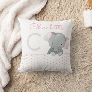 Coussin Aquarelle mignonne Monogramme éléphant bébé fille