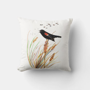 Coussin Aquarelle mignonne Oiseau-noir à ailes rouges Natu