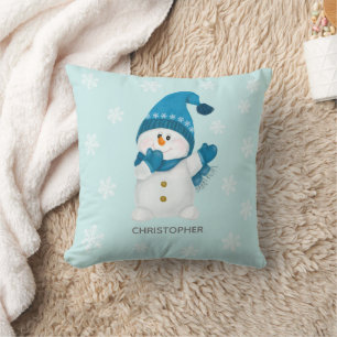 Coussin Aquarelle mignonne Petit Snowman Beanie Bébé Bleu