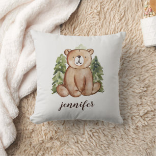 Coussin Aquarelle mignonne Style Bois Ours Nom du texte