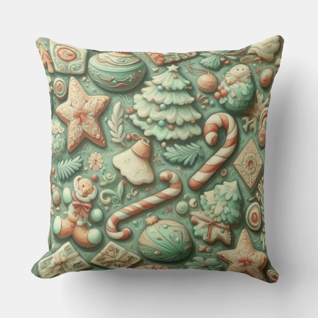 Coussin Aquarelle Mint Vert Motifs de Noël (Recto)