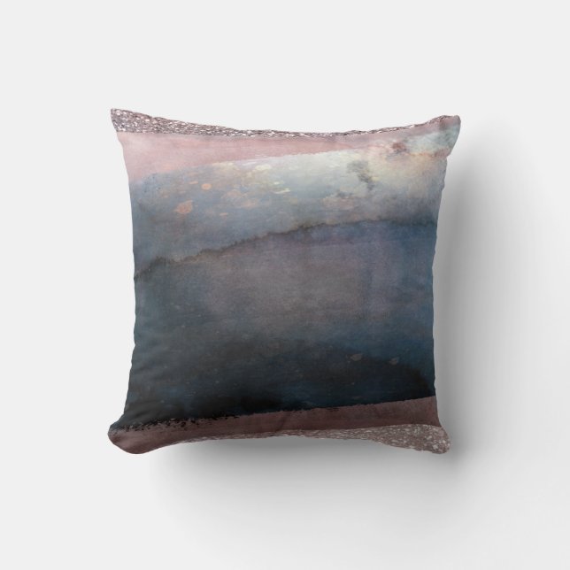 Coussin Aquarelle Moderne Bleu & Rose Gold Rose Pâle Glamo (Recto)