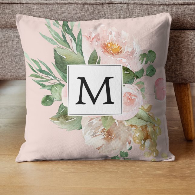 Coussin Aquarelle moderne Fleurs roses Monogrammes (Créateur téléchargé)