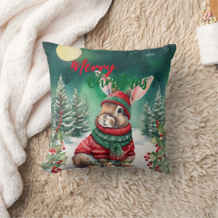 Coussin Aquarelle moderne lapin lapin de Noël Neige