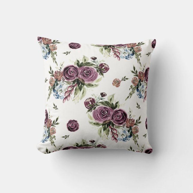 Coussin Aquarelle moderne Mauve & Olive Floral (Recto)