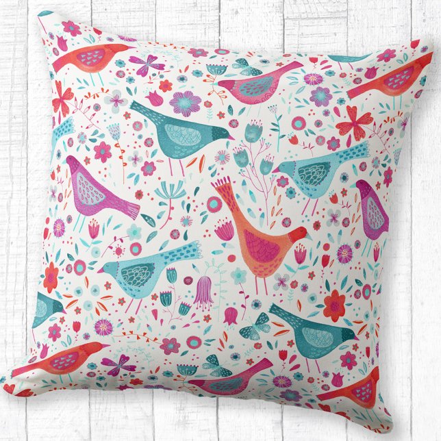 Coussin Aquarelle moderne Oiseaux et fleurs colorés (Watercolor bird and flower pink, orange, red and teal art throw pillow)