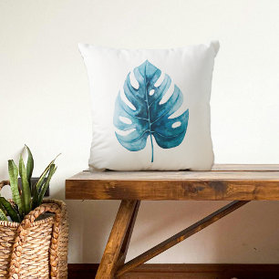 Coussin Aquarelle moderne Tropical Blue Monstera Leaf
