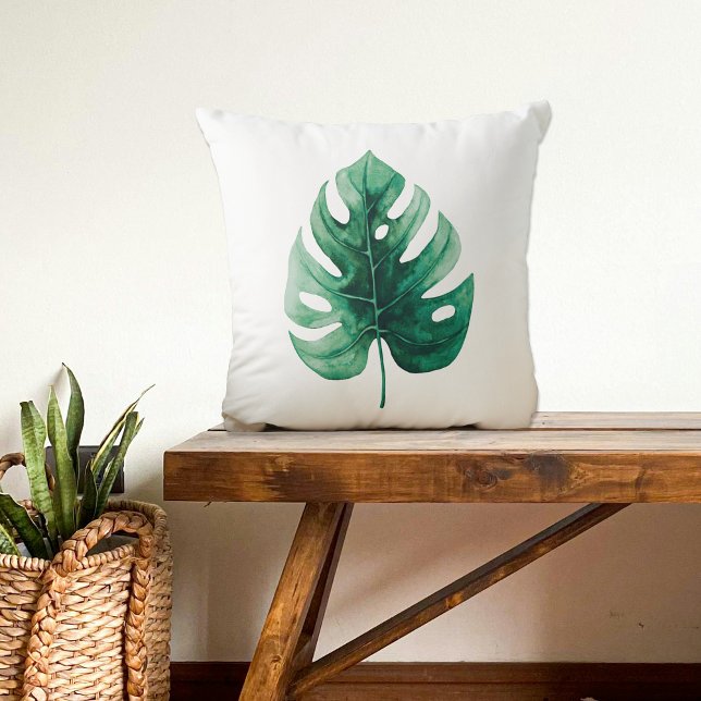 Coussin Aquarelle moderne Tropical Green Monstera Feuille (Créateur téléchargé)