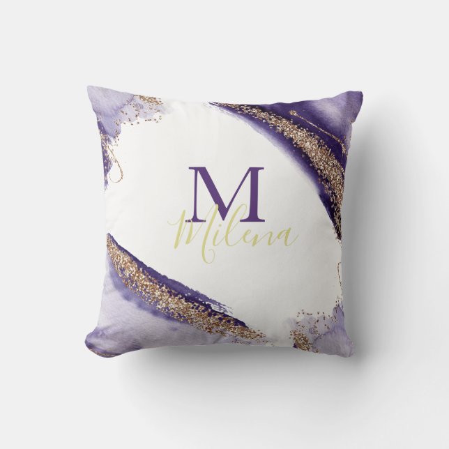 Coussin Aquarelle Monogram violet doré moderne (Recto)