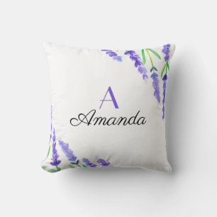 Coussin Aquarelle Monogramme de Nom Floral Lavande Violett