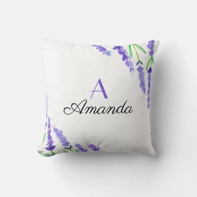 Coussin Aquarelle Monogramme de Nom Floral Lavande Violett (Recto)