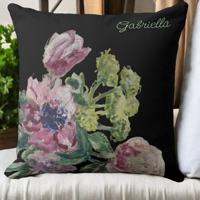 Coussin Aquarelle monogramme floral noir vert rose (Créateur téléchargé)