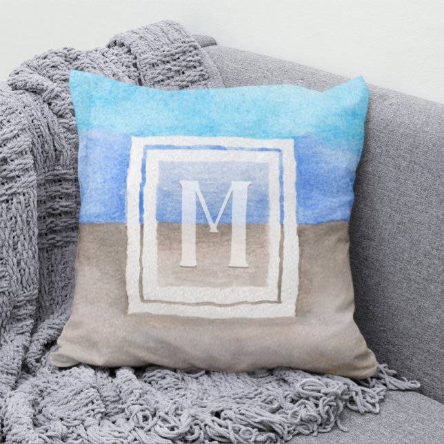 Coussin Aquarelle Monogramme mer et sable bleu et bronze (Créateur téléchargé)