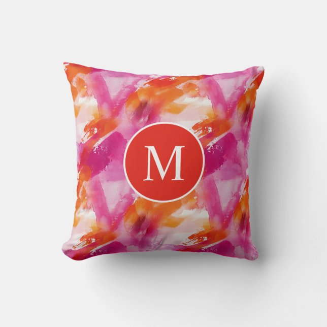 Coussin Aquarelle Monogramme Orange Rose Abstrait (Recto)