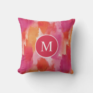 Coussin Aquarelle Monogramme Rose Orange Abstrait