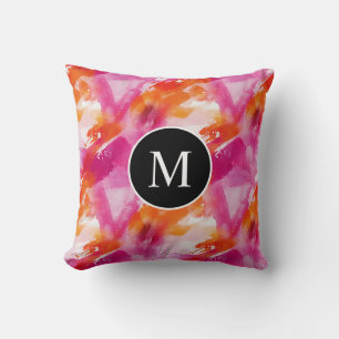 Coussin Aquarelle Monogramme Rose Orange Abstrait