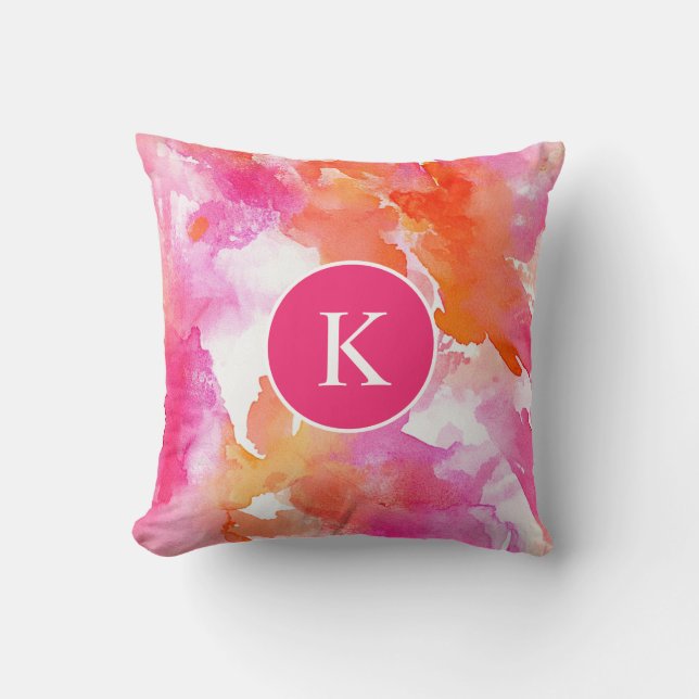 Coussin Aquarelle Monogramme Rose Orange Abstrait (Recto)