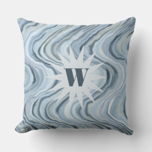 Coussin Aquarelle monographique bleu marine gris bande ond