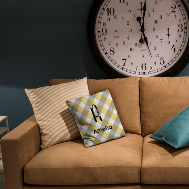 Coussin Aquarelle monographique en vichy motif gris jaune (Créateur téléchargé)