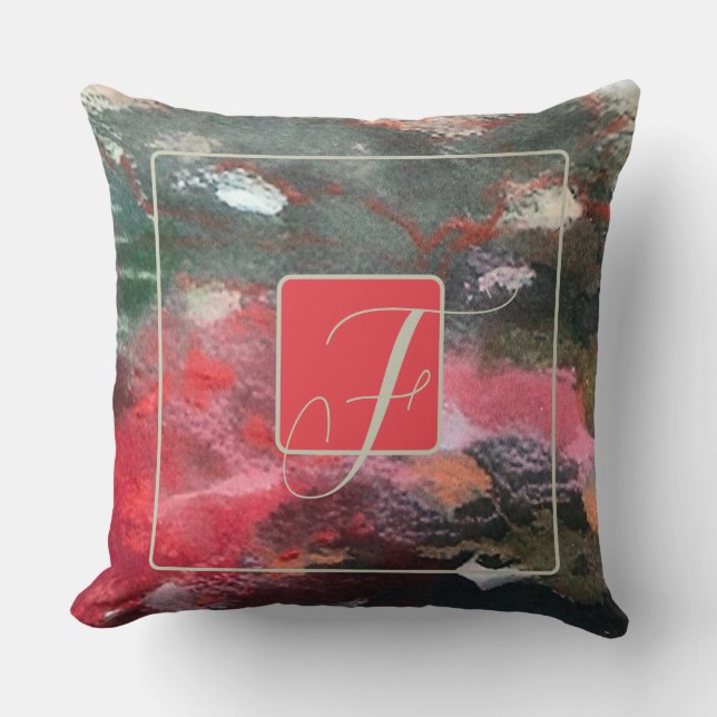 Coussin Aquarelle monographique rouge abstrait rose brun (Recto)