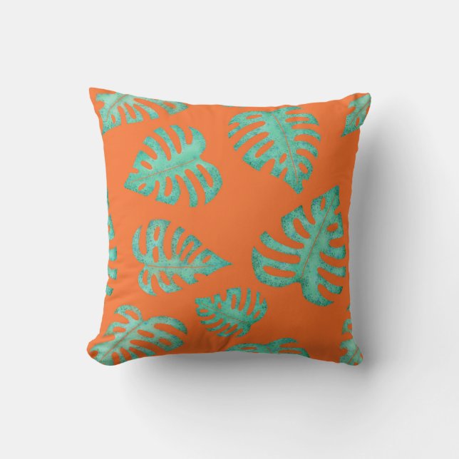 Coussin Aquarelle Monstera Feuilles sur Orange (Recto)