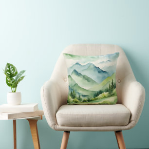 Coussin Aquarelle Montagnes et arbres
