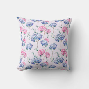 Coussin Aquarelle Motif Floral aux Hortensias Bleus et Ros