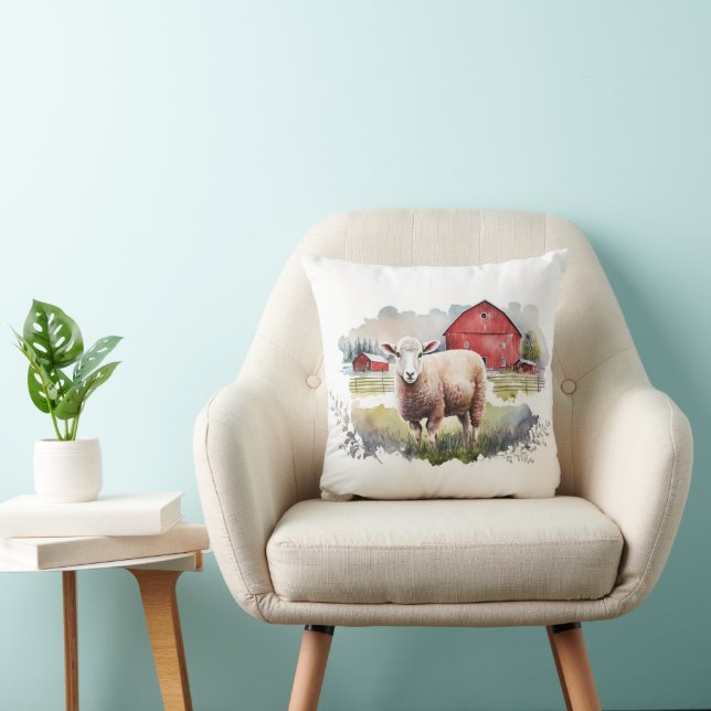 Coussin Aquarelle Mouton Avec Grange Rouge (Chaise)