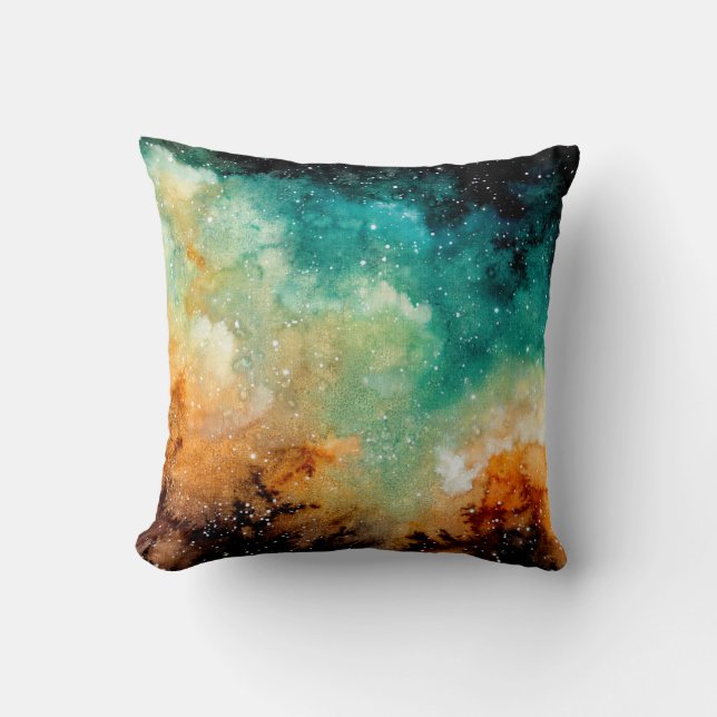 Coussin Aquarelle Nebula jaune vif, étoiles et noir (Recto)