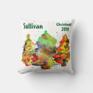 Coussin Aquarelle Noël Arbres, Personnaliser avec photos