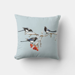 Coussin Aquarelle Noël Holly Magpie Oiseau Nature Art