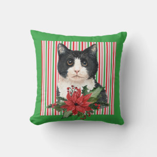 Coussin Aquarelle Noir et Blanc Chat et Poinsettia
