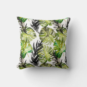 Coussin Aquarelle Noir Vert Tropical Feuille Motif
