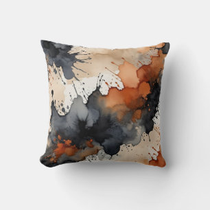 Coussin Aquarelle noire, rouille, gris et beige abstraite