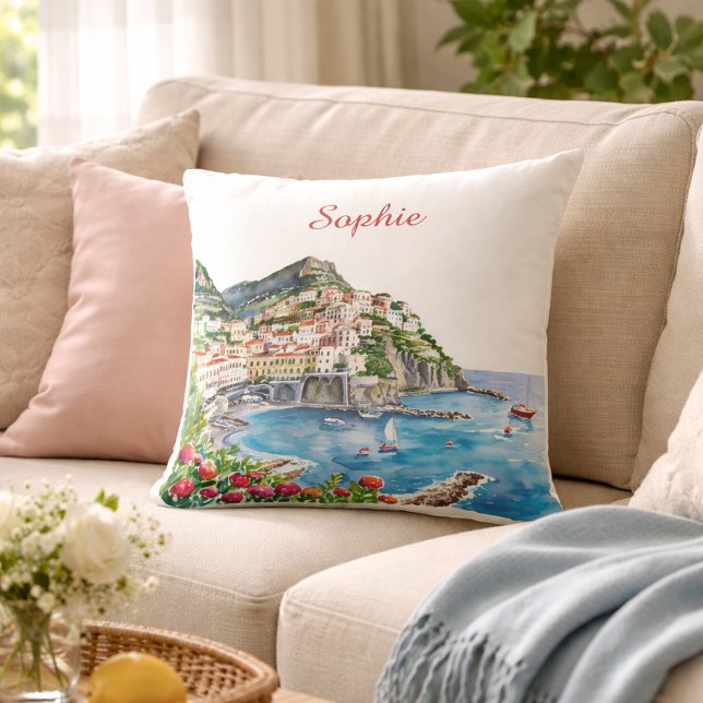 Coussin Aquarelle Nom de la Côte amalfitaine italienne (Créateur téléchargé)