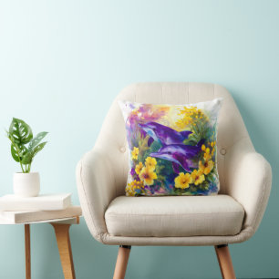 Coussin Aquarelle Océan Dauphins Fleurs Tropicales