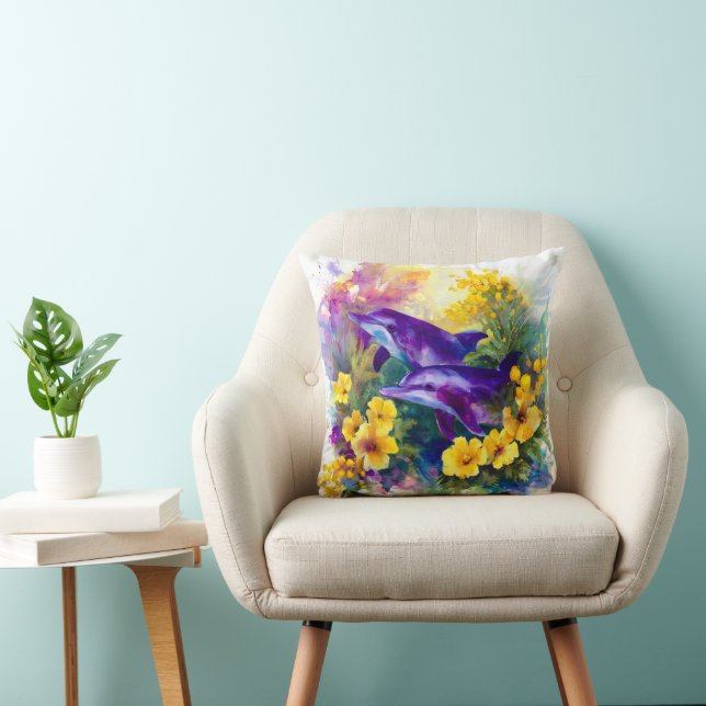 Coussin Aquarelle Océan Dauphins Fleurs Tropicales (Chaise)