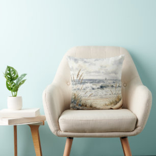 Coussin Aquarelle Océan Plage avec Papier Recroquevillé