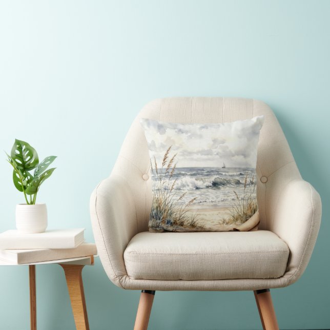 Coussin Aquarelle Océan Plage avec Papier Recroquevillé (Chaise)