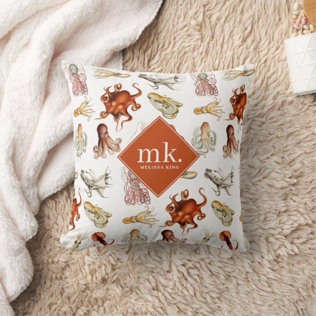 Coussin Aquarelle Octopus Océan Animaux Motif Monogramme (Couverture)