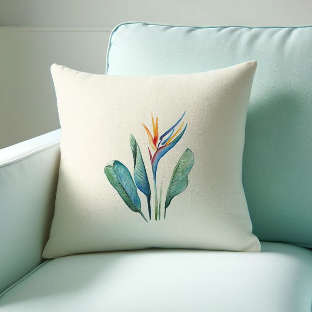 Coussin Aquarelle Oiseau du Paradis (Tropical decor bird of paradise pillow watercolor art by Victoria Grigaliunas Do Tell A Belle)