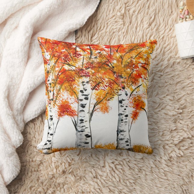 Coussin Aquarelle Oiseaux Arbres Automne Orange Feuille (Couverture)