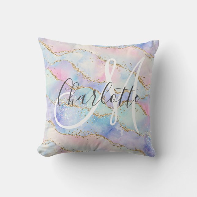 Coussin Aquarelle or parties scintillant agate monogramme (Recto)