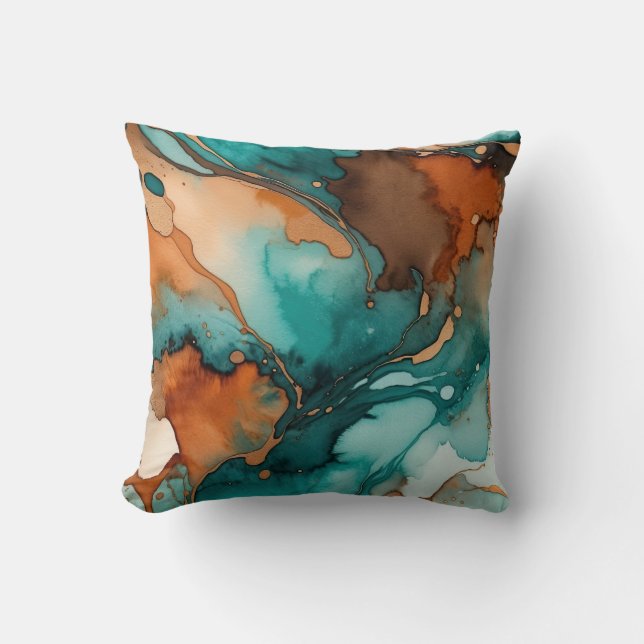 Coussin Aquarelle orange brûlée, turquoise, rouille et noi (Recto)
